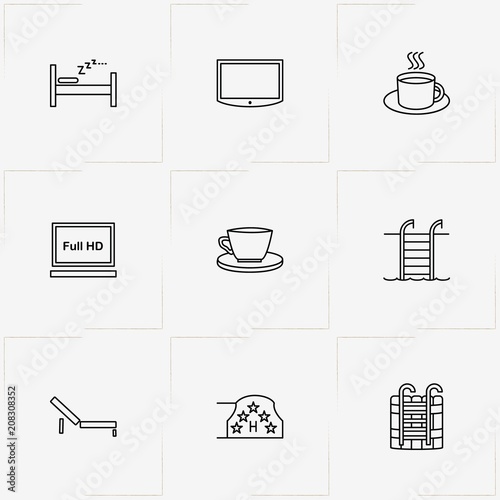 Hotel line icon set with chaise, television and hotel five stars