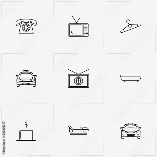 Hotel line icon set with taxi, television and hanger