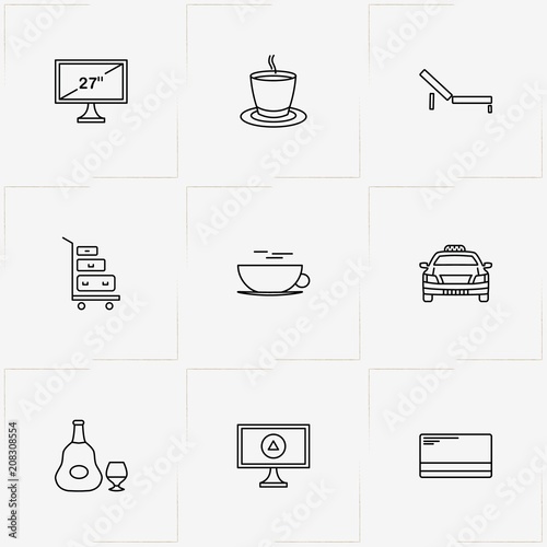 Hotel line icon set with credit card, taxi and chaise