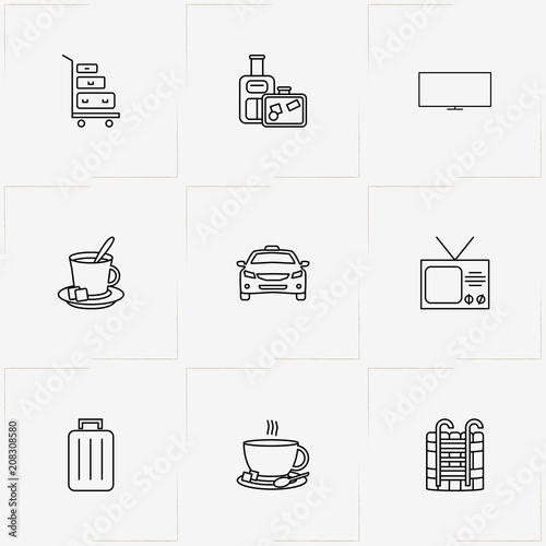 Hotel line icon set with taxi, baggage and baggage carrier