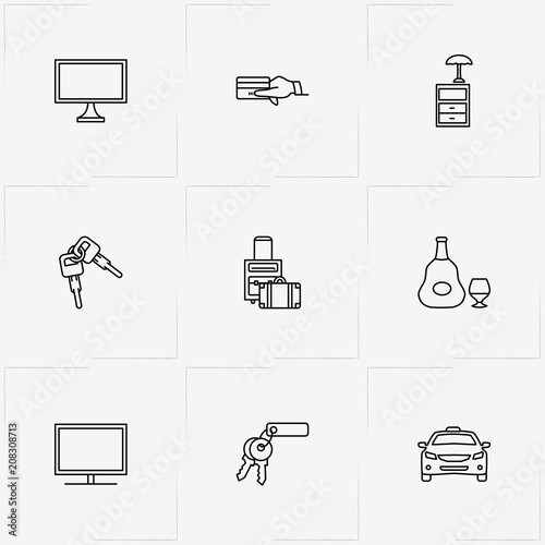 Hotel line icon set with keys , baggage and television