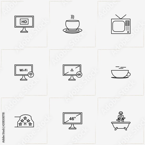 Hotel line icon set with cup of tea, television and bath