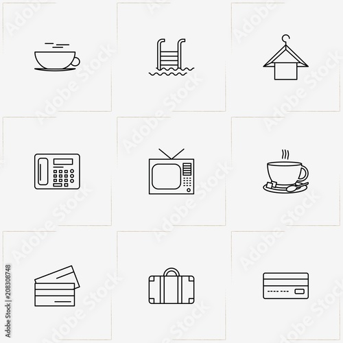 Hotel line icon set with hanger, television and cup of tea