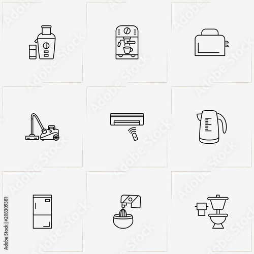 House Application line icon set with vacuum cleaner , mixer  and toilet