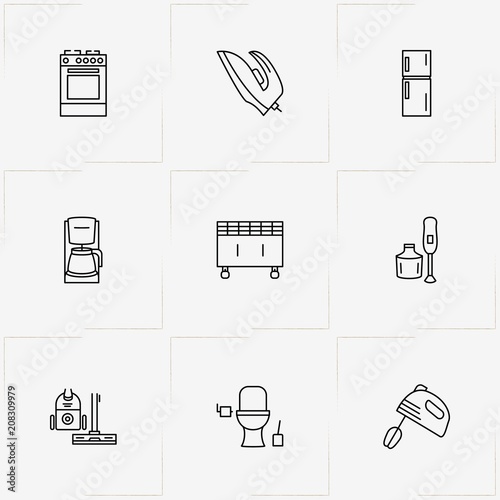 House Application line icon set with gas stove , oil radiator and refrigerator