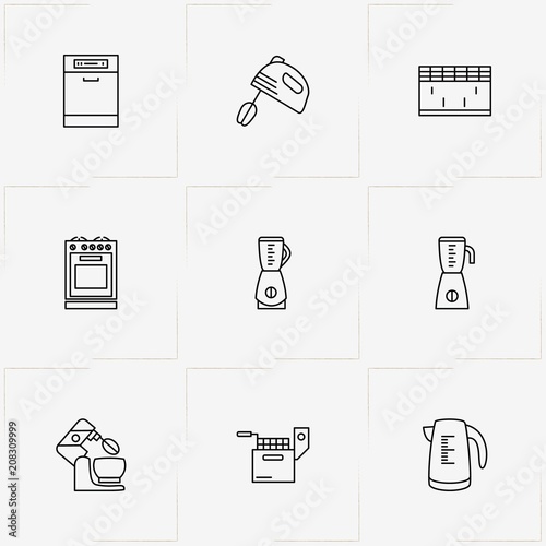 House Application line icon set with electric kettle, gas stove  and air conditioner