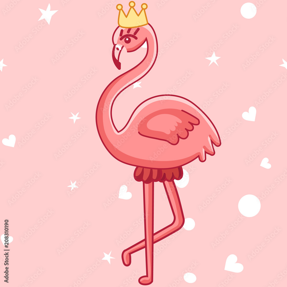 Fototapeta premium Flamingo fashion pattern. Scandinavian vector illustration. Seamless hand drawn cute queen scandinavian background. Pink summer doodle wedding invitation,birthday,save date,greeting card,baby shower