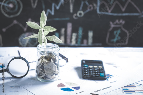 tree growing on stack of coins in bottle on financial chart report with magnifying glass and calculator in background, idea for business growth concept photo