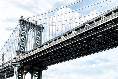 Closeup isolated against sky view of under Manhattan Bridge in Brooklyn outside exterior outdoors in NYC New York City