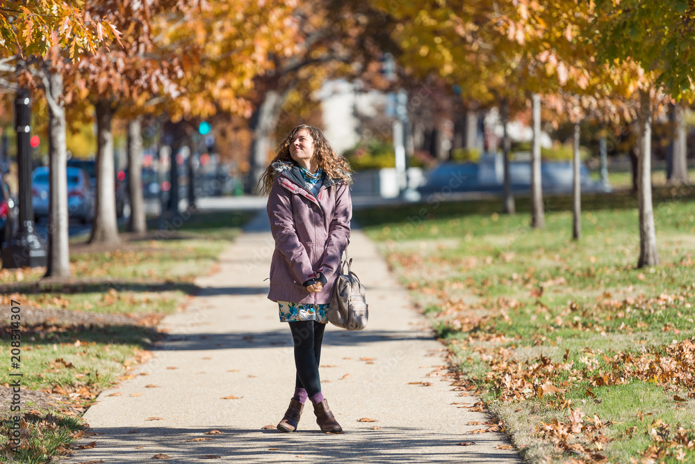 Young smiling woman looking up on sidewalk street in Washington DC, USA United States in alley of golden orange yellow foliage autumn fall trees on road during sunny day Young smiling woman looking up on sidewalk street in Washington DC, USA United States in alley of golden orange yellow foliage autumn fall trees on road during sunny day