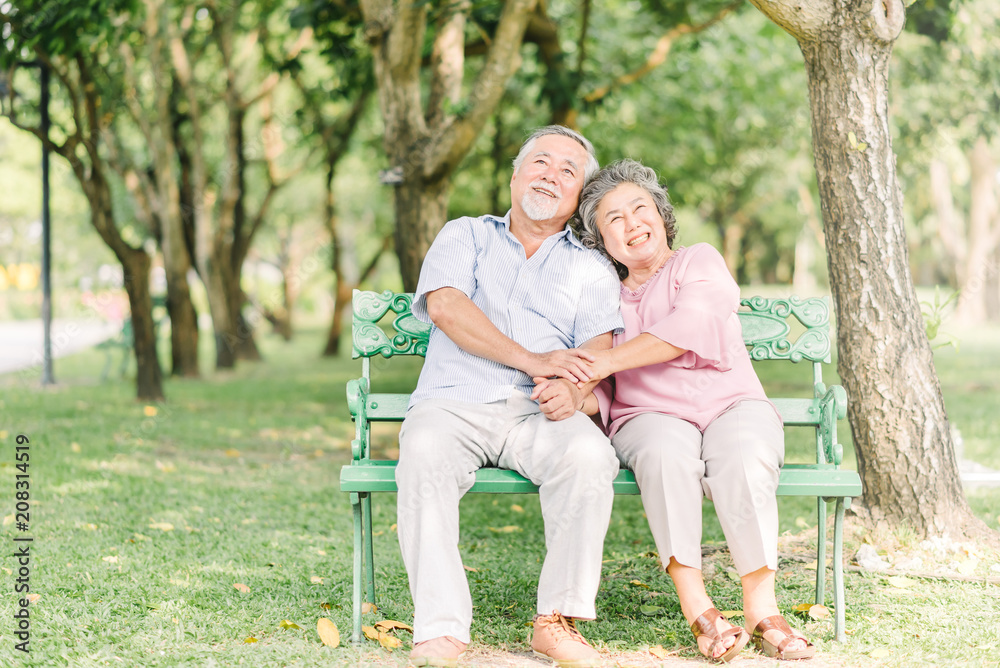 Fototapeta premium Happy Senior couple sitting on the bench in the park