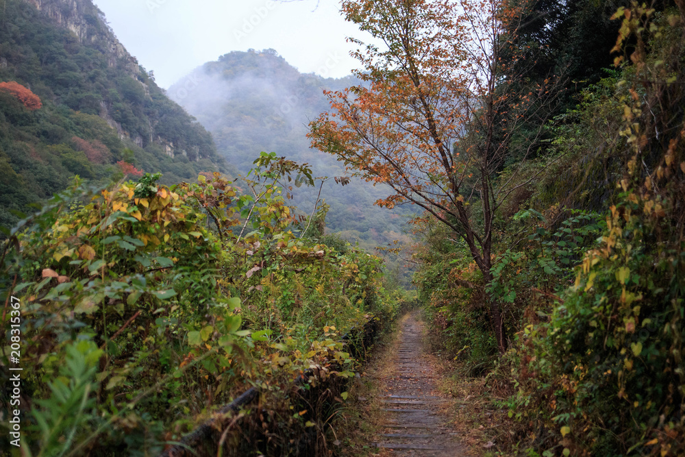 Old wooden railway ties on dirt path through misty valley Old wooden railway ties on dirt path through misty valley