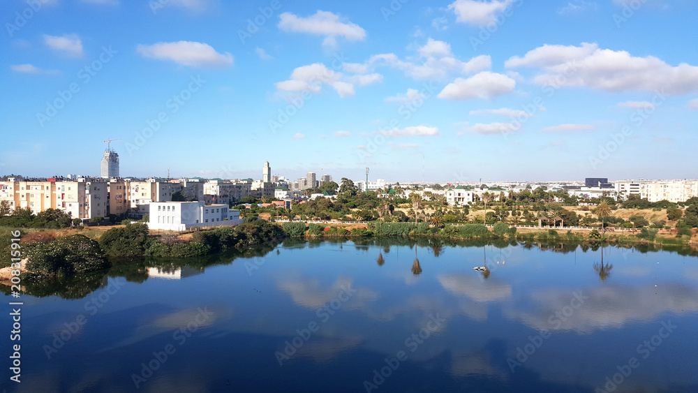 casablanca, morocco - june 07, 2018: Casablanca cityscape with blue sky. lake