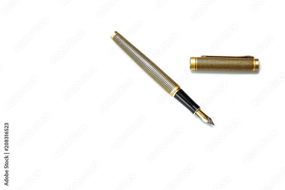 Pen. Elegant gold plated business fountain pen isolated on white with clipping path Pen. Elegant gold plated business fountain pen isolated on white with clipping path