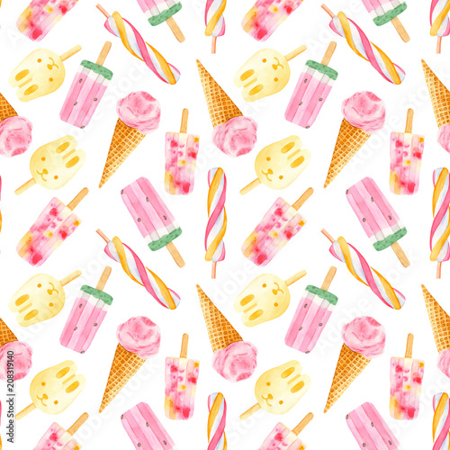 Watercolor seamless pattern of ice cream. Summer texture on a white background.