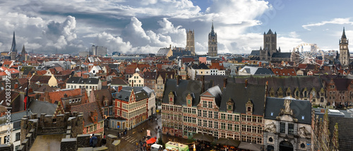 Aerial panorama of medieval Belgian city Ghent - one of the most attractive touristic places in Europe photo