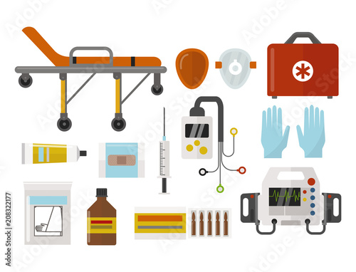 Ambulance icons medicine health emergency hospital urgent pharmacy medical support paramedic treatment vector illustration