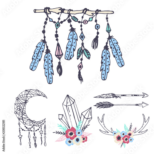 Creative boho style frames mady ethnic feathers arrows and floral elements ve...