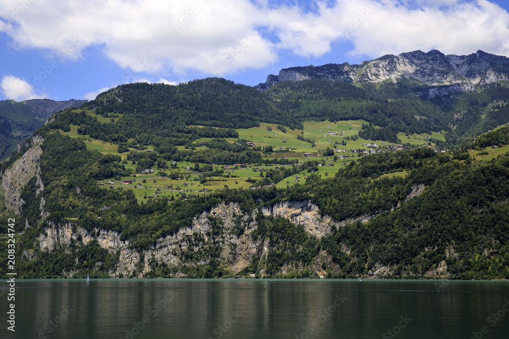 Summer view of Lake Walen in Switzerland
