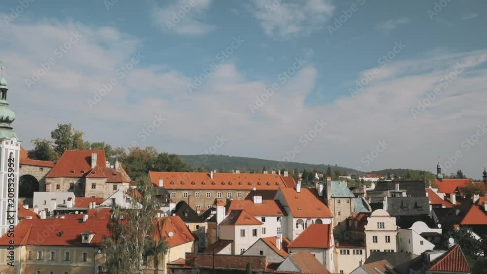 Cesky Krumlov, Czech Republic. Castle, Tower And Cityscape In Sunny Autumn Day. UNESCO World Heritage Site Cesky Krumlov, Czech Republic. Castle, Tower And Cityscape In Sunny Autumn Day. UNESCO World Heritage Site