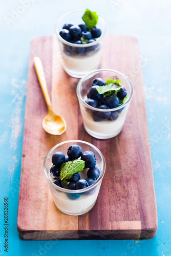 Photos Vanilla pannacotta inside small cup and fresh blueberries