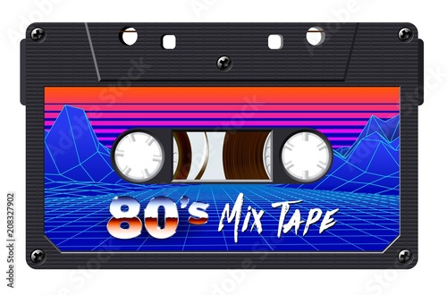 Cassette with retro label as vintage object for 80s revival mix tape design