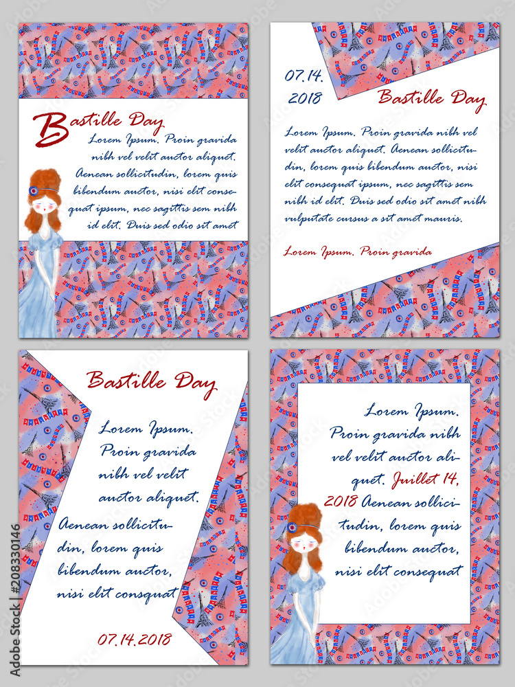 Set of Templates for Bastille Day Celebration. Bastille Day July 14th Announcements, Advertising, Invitations, Cards, Menu, Posters, Banner etc. Tricolor Templates with Patriotic Mademoiselle.
