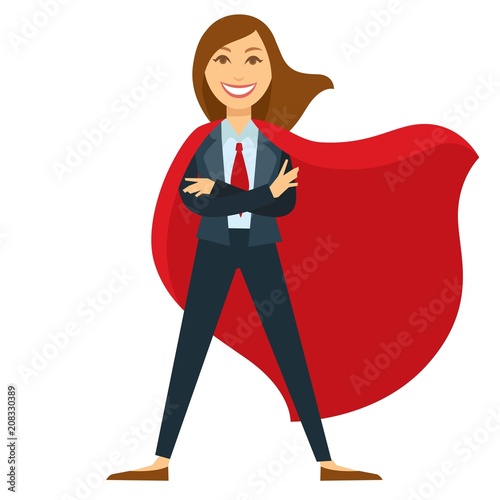 Superwoman in formal office suit with red tie and cloak