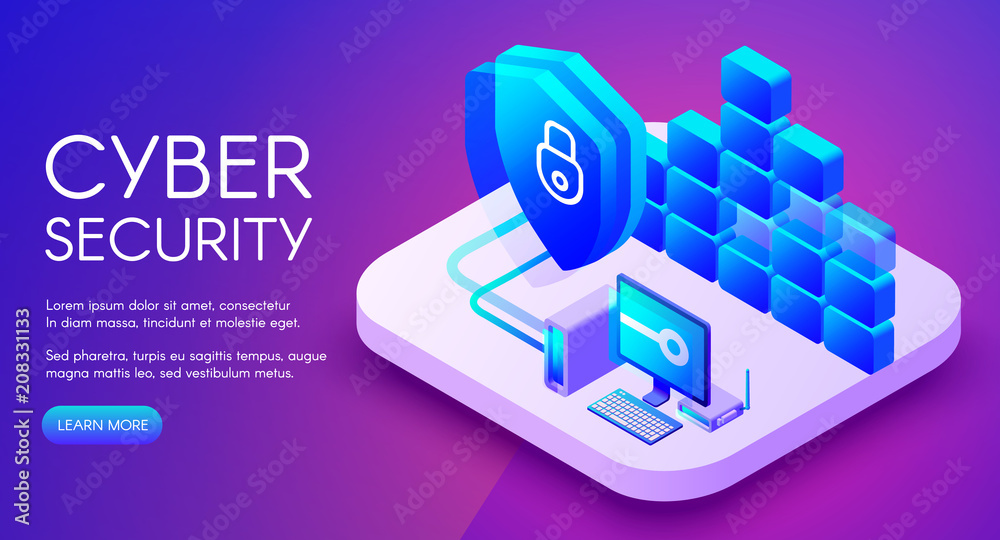 © vectorpouch - Cyber security technology vector illustration of private network secure access and internet firewall. Personal data encryption with VPN for safe computer online on purple ultraviolet background