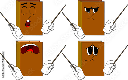 Books orchestra conductor. Cartoon book collection with sad faces. Expressions vector set.