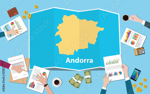 andorra economy country growth nation team discuss with fold maps view from top