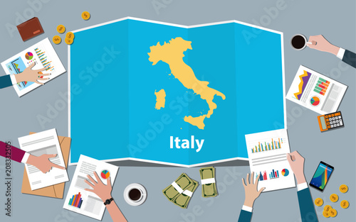 italy economy country growth nation team discuss with fold maps view from top