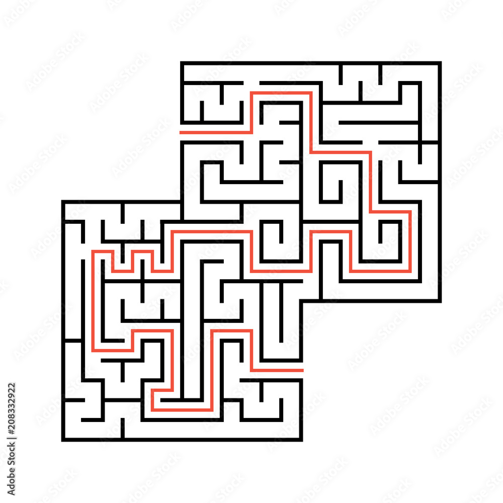Abstract square maze with entrance and exit. Simple flat vector illustration isolated on white background. With a place for your drawings. With the answer. Abstract square maze with entrance and exit. Simple flat vector illustration isolated on white background. With a place for your drawings. With the answer.