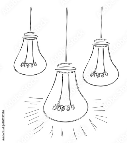 Three bulblamp doodle black line icon art pencil drawn isolated vector illustration. Idea sign, solution, thinking concep. Lighting electric lamp. Electricity, shine.