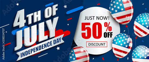 50 per cent off sale banner with balloons for Independence day. Just now offer of half price discount. Template for your design, card and flyer, poster for 4th of July in USA. Vector illustration.