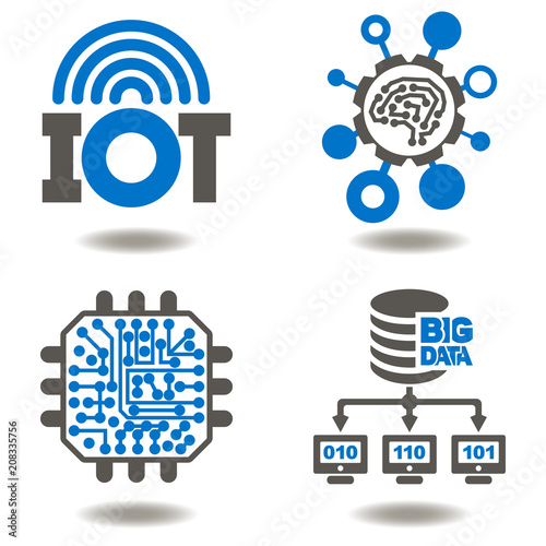 IOT AI Big Data Circuit Board Network Vector Icon Set. Internet Of Things Artificial Intelligence Big Data Microchips Information Technology Illusration.