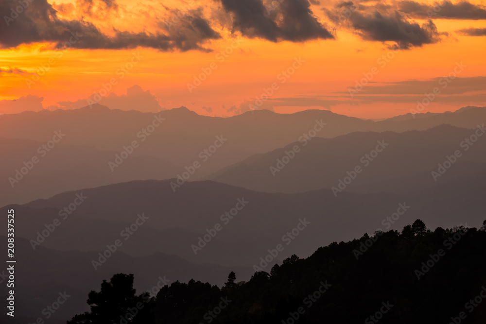 beautiful Sunset with mountain view in Mae Hong Son's city, North of THAILAND.