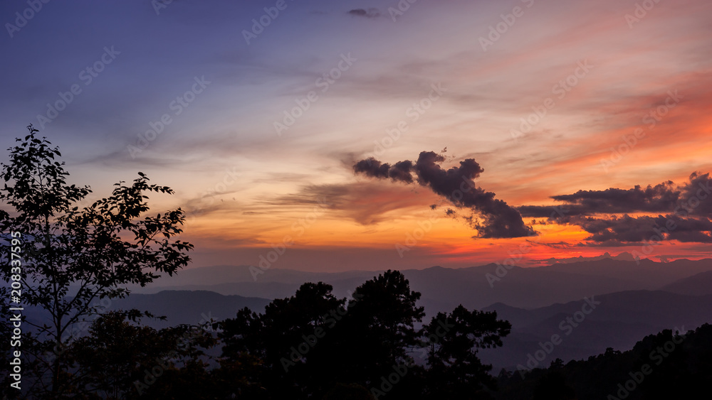 Fototapeta premium Sunrise sky over Huai Nam Dang National Park in Chiang Mai, North of Thailand
