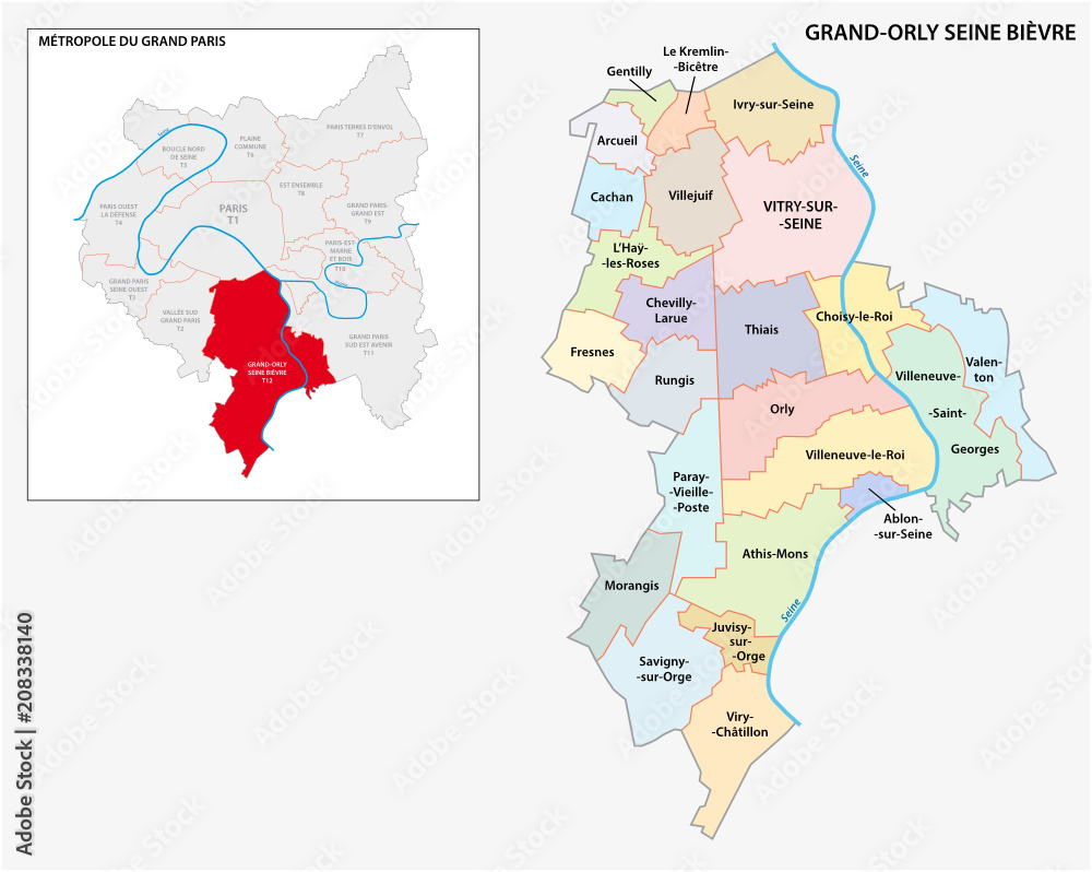 administrative and political vector map of Grand Orly Seine Bievre, Greater Paris, France