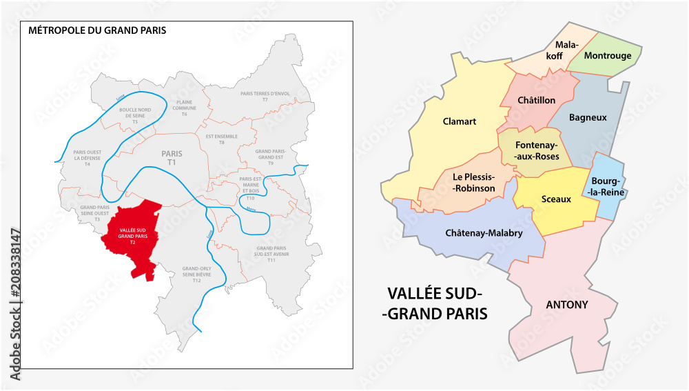 Naklejka premium administracyjna i polityczna mapa wektorowa Vallée Sud Grand Paris, Greater Paris, Francja