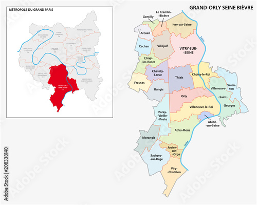 administrative and political vector map of Grand Orly Seine Bievre, Greater Paris, France