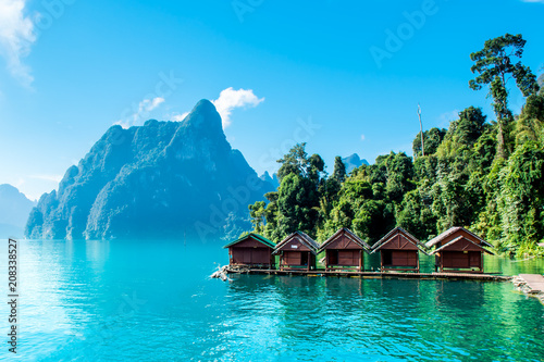 beauty full hotel in paradise with water and sunrise in the morning  at  khao sok surat thani thai land  photo