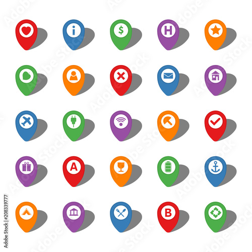 Set of twenty five colorful map pointers with different icons in white circle and with shadows. Vector illustration 