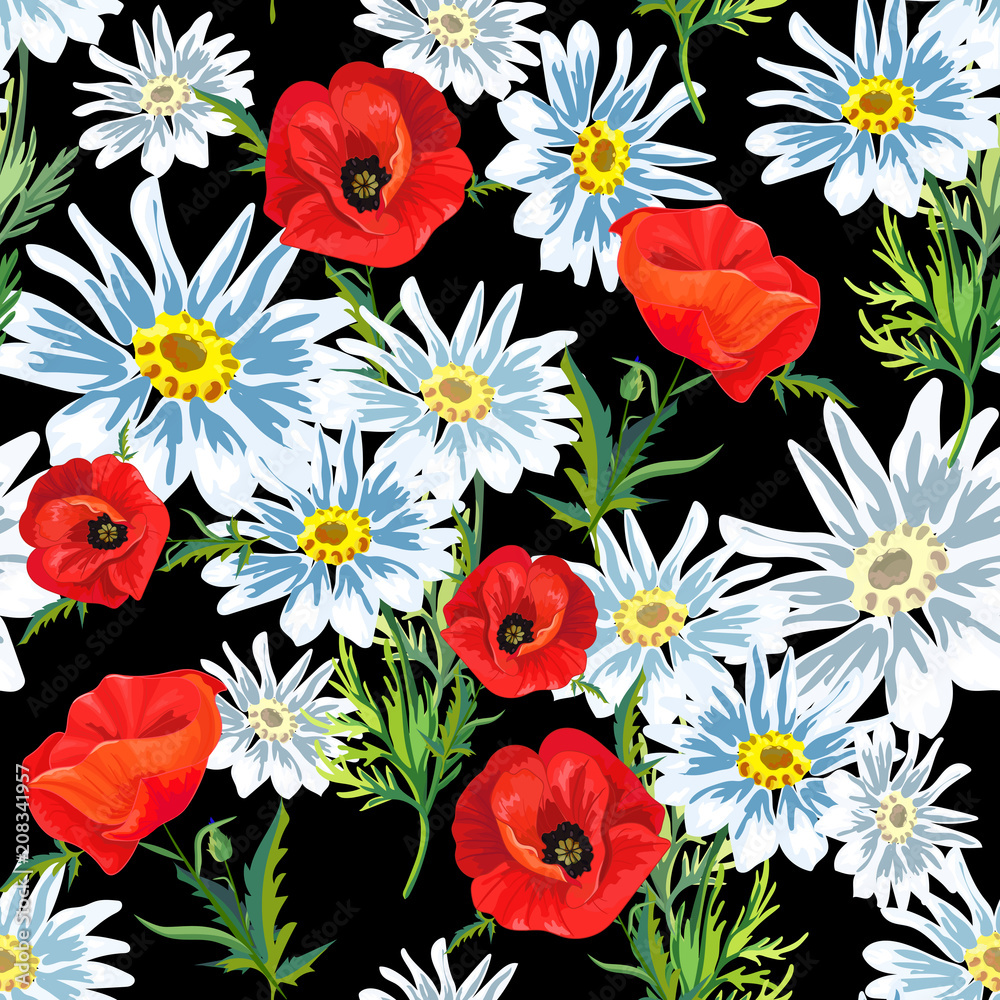 pattern with red poppies, chamomile