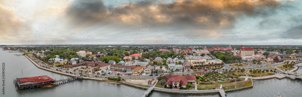 Aerial view of St Augustine from drone. Sunset panorama from city river, Florida - USA