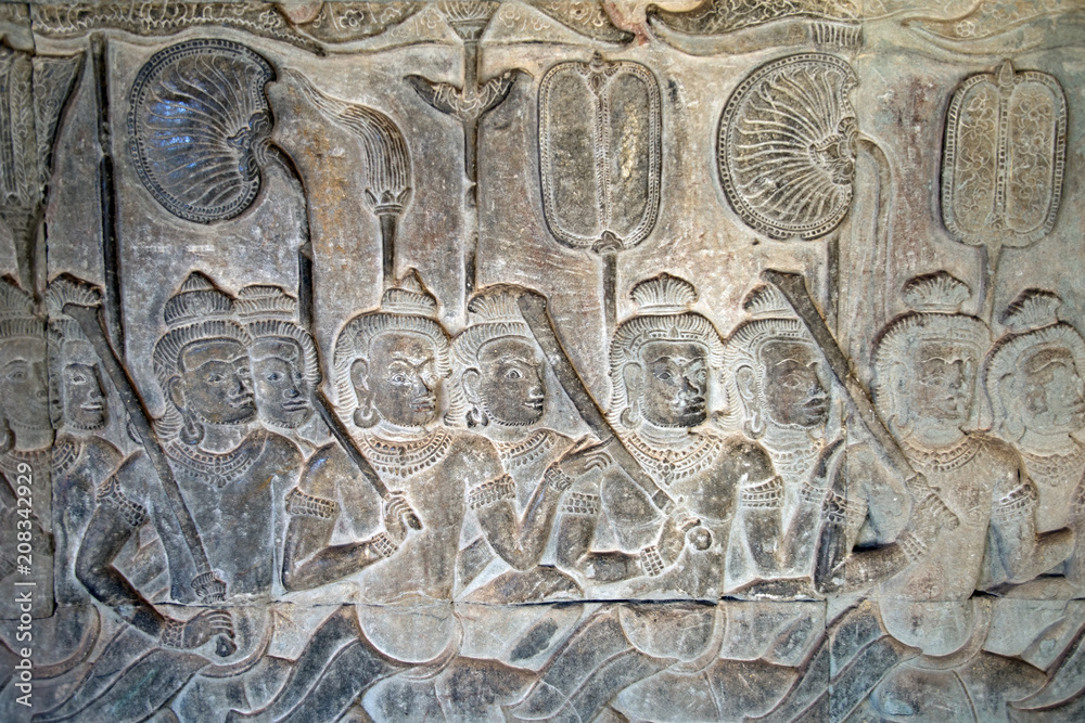 Angkor Cambodia, 12th century Angkor Wat temple bas relief - Yama Judgment, depiction of  heaven