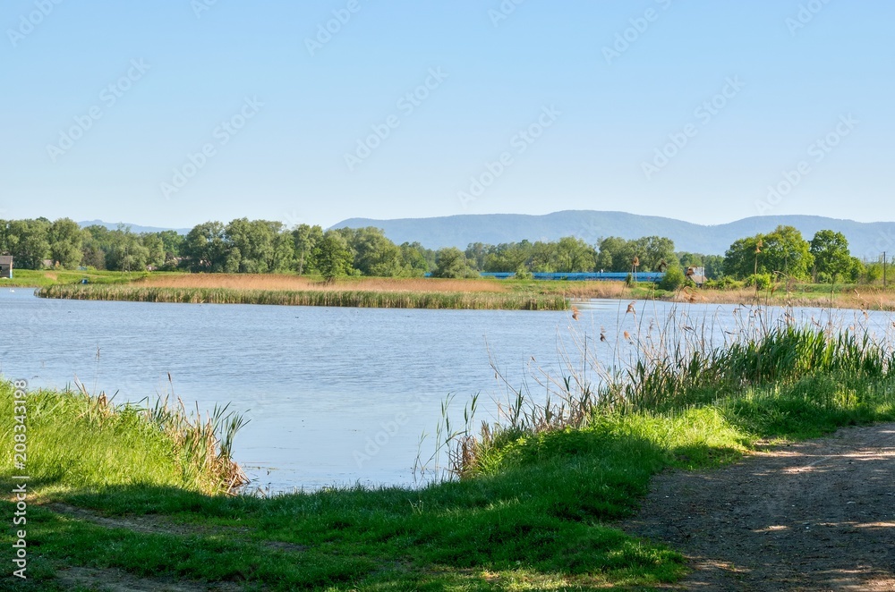 Beautiful rural landscape. Spring day over a beautiful pond. Beautiful rural landscape. Spring day over a beautiful pond.