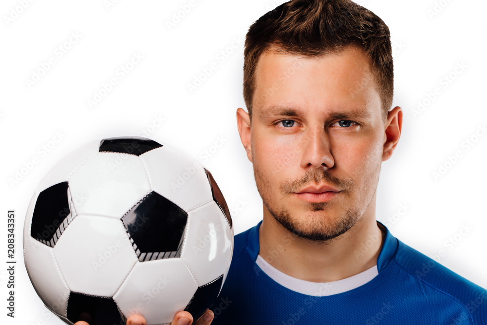 Close-up portrait of young handsome football player soccer posing on white isolated. Close-up portrait of young handsome football player soccer posing on white isolated.