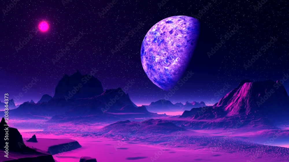 Purple Alien Planet. In the dark starry sky, a large planet in the penumbra and a bright purple sun. The rocky desert is flooded with lilac light, in the lowlands a dense whitish fog. Purple Alien Planet. In the dark starry sky, a large planet in the penumbra and a bright purple sun. The rocky desert is flooded with lilac light, in the lowlands a dense whitish fog.