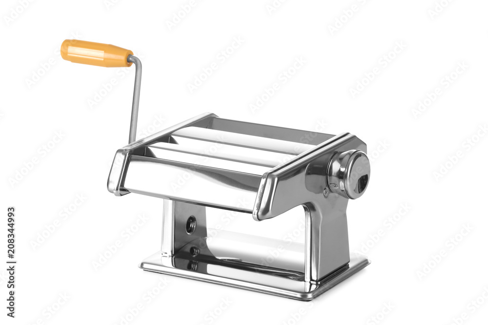 Metal pasta machine on white background